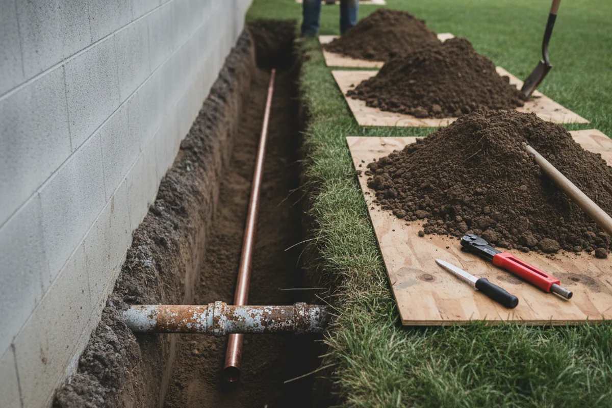 Excavated water line trench during Water Softener Installation in Deanville